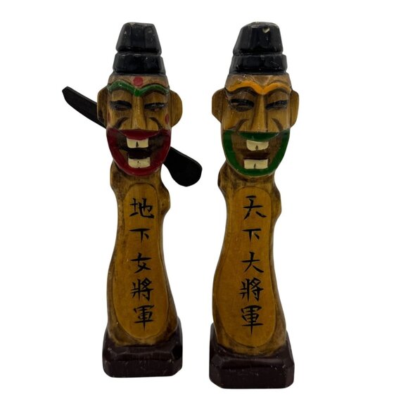 Vintage Korean Totem Pole Carved Wood Village Guardian Jangseung Figurines - Picture 1 of 7